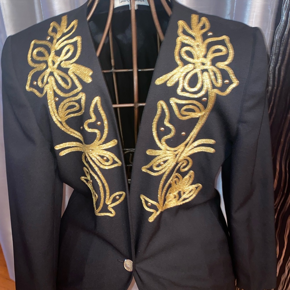 Vintage Blazer Black with Gold Floral Embroidery
